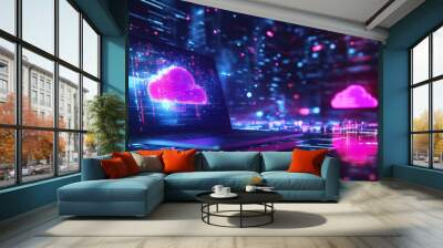 A high tech environment with a laptop displaying virtual data being downloaded from the cloud, alongside a touch screen that visualizes the transfer process in bright neon colors. Wall mural