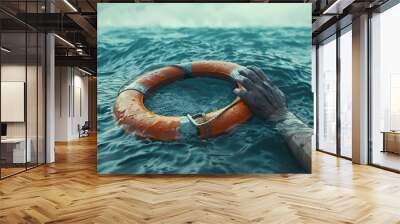 A Lifebuoy floating on sea in storm weather, There was a person's hand immersed in water next to it. World Rescue day Wall mural