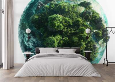 A lush, green alien planet with dense forests and large bodies of water, showing a thriving ecosystem, isolated on white background. Wall mural