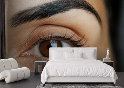 A middle-aged Brazilian woman eye with a pencil-groomed eyebrow, elegantly shaped with clean, defined strokes. The arch enhances her modern and stylish appearance. Wall mural