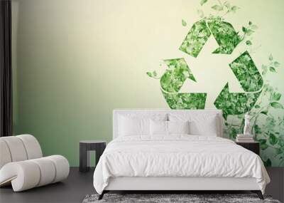 A serene design with a recycling symbol composed of delicate, green vines and leaves, set against a smooth, gradient background in light green and white. Wall mural