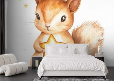 A sweet squirrel holding a bright star, sitting on an isolated white background. Watercolor hand-drawn illustration, ideal for playful children's art posters and designs. Wall mural