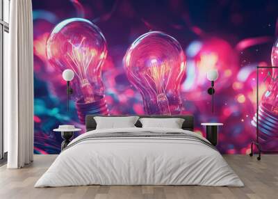 A vibrant design with multiple glowing lightbulbs and swirling lines of light, representing the explosion of new ideas and innovation on a futuristic surface. Wall mural