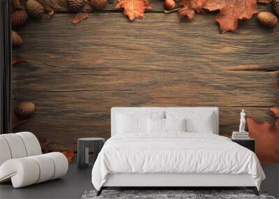 A vintage-style autumn backdrop with dried leaves and acorns arranged in a circular pattern on a weathered wooden surface, giving a rustic, nostalgic feel. Wall mural