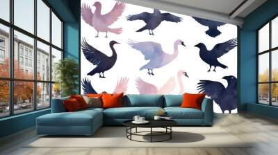 A whimsical watercolor collection of bird silhouettes, featuring swans, owls, and ravens. Painted with creative gradient washes and isolated on a white background for easy use in nature-themed designs Wall mural