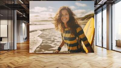 Adventurous female surfer having fun at the beach in summer. AI Generated Wall mural