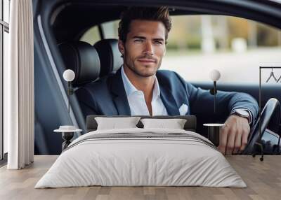 Attractive elegant happy man in good car. Wall mural