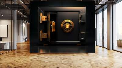 Black bank safe with open steel door and golden light . AI Generated Wall mural