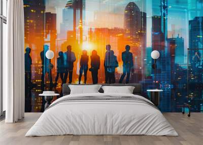 Business group meeting and business deal, double exposure with city skyline and office building in background Wall mural