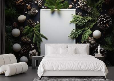 Christmas card in green firs mock up, in the style of dark white and white, poster, aerial view.. Generative AI Wall mural