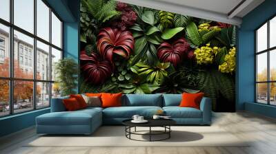 colorful plants on the wall, in the style of exotic atmosphere, dark green and light crimson Wall mural