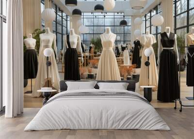 fashion show at a clothing store, in the style of light white and dark black, sparse and simple Wall mural