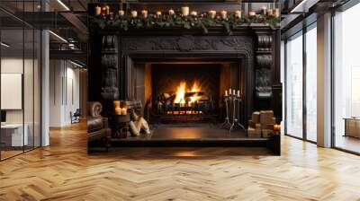 fireplace at christmas , christmas fireplace decorations. Generative AI Wall mural