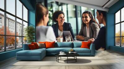 Group of businesswomen having a meeting in a boardroom. Generative AI Wall mural