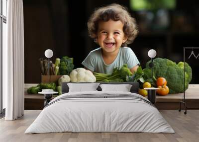 Happy child looking at box full of vegetables on kitchen table. AI Generated Wall mural