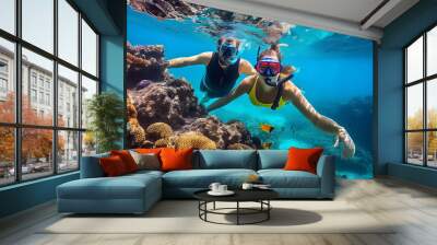 happy couple snorkeling in a wonderful coral reef. AI Generated Wall mural