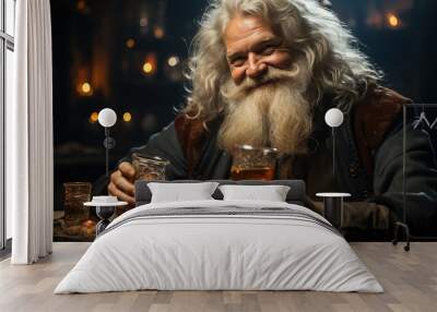 happy Santa Claus drinking whiskey out of a glass while sitting by a Christmas tree Wall mural