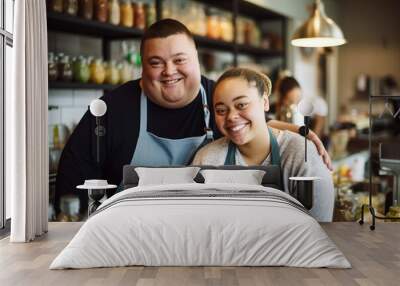 Man with down syndrome and his female colleague. Generative AI Wall mural