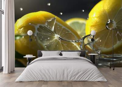 Photo closeup lemon with water drops. Generative AI Wall mural