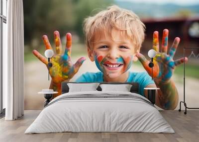 portrait of a funny child boy shows hands dirty with paint. AI Generated Wall mural