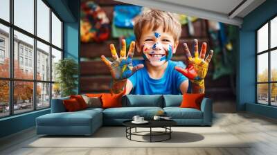 portrait of a funny child boy shows hands dirty with paint. AI Generated Wall mural