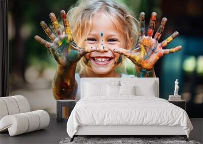 portrait of a funny child girl shows hands dirty with paint. AI Generated Wall mural