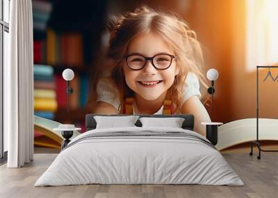 portrait of a happy child little girl with glasses sitting on a stack of books and reading a books. AI Generated Wall mural