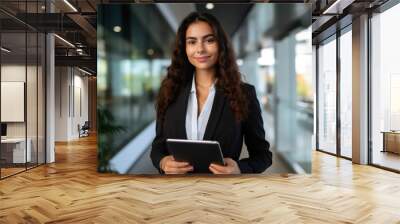 Smiling latin young professional business woman corporate marketing manager, female worker holding digital tablet computer fintech tab at work standing in modern company office looking at camera. Wall mural