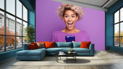 woman with phone on purple background . AI Generated Wall mural