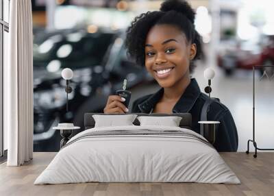 Young happy African American saleswoman holding key of new car in showroom and looking at camera. Wall mural