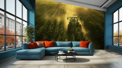 A farmer harvests green maize from a large field with a tractor Wall mural