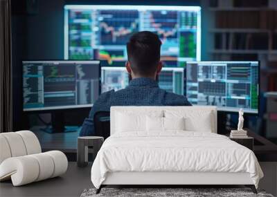 A man works as an operator specialist in a computer data center in front of many monitors with charts and data Wall mural