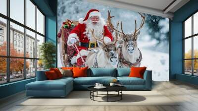 a santa claus with a beard and red costume rides on a sleigh in the snow with reindeer Wall mural