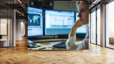 A woman works as an operator specialist in a computer data center in front of many monitors with charts and data Wall mural