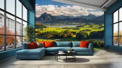 beautiful rural landscape in Bavaria with mountain range and meadow at springtime Wall mural