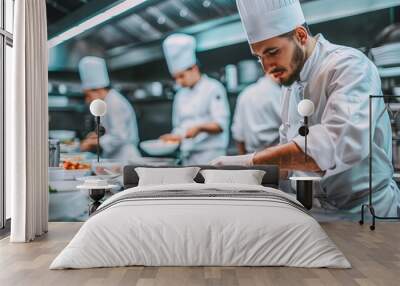 Chef cooks and presents a dish in the kitchen of a luxury restaurant Wall mural