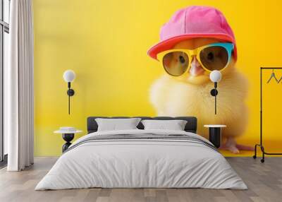 cute young fluffy Easter chick baby with cap and sunglasses Wall mural