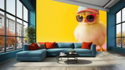 cute young fluffy Easter chick baby with cap and sunglasses Wall mural