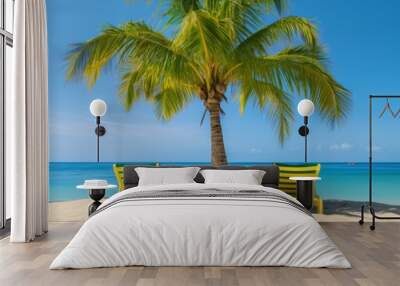 deckchairs under palm trees on a lonely sand island in the middle of the ocean Wall mural