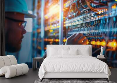 electrician and engineer work on an electrical circuit with many cables for communication and data transfer Wall mural