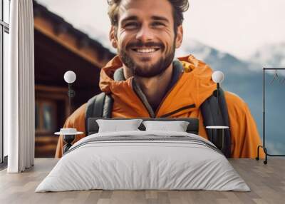 portrait of attractive middle aged man in sportive outfit, hiking outdoor in the mountains Wall mural