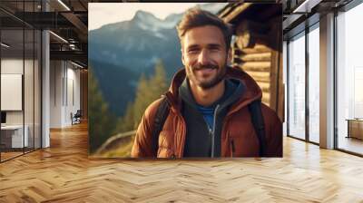 portrait of attractive middle aged man in sportive outfit, hiking outdoor in the mountains Wall mural