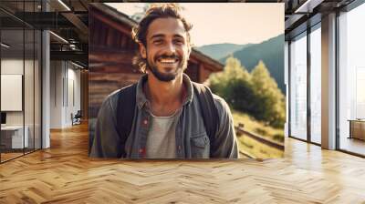 portrait of attractive middle aged man in sportive outfit, hiking outdoor in the mountains Wall mural