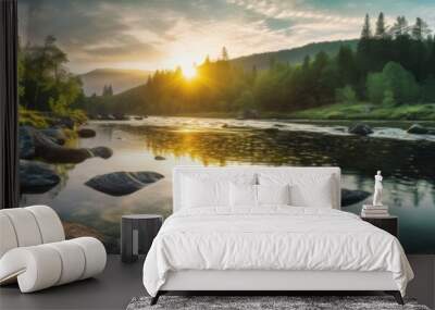 Tranquil scene of a panoramic landscape with sunset and sky over idyllic lake and river with reflection Wall mural