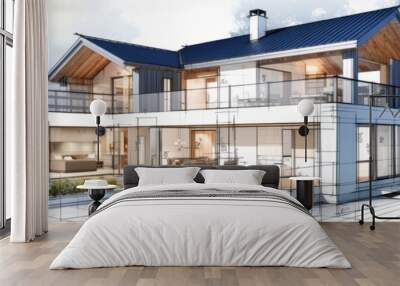 vision of architecture of a 3d model house project with blueprint Wall mural