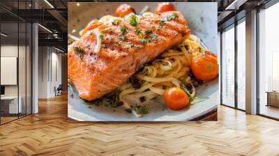 A plate of pasta with a piece of salmon on top. The salmon is seasoned with herbs and spices. The pasta is cooked and served in a bowl. The dish looks delicious and appetizing Wall mural