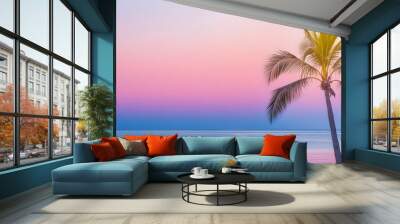 Beautiful sunset on a beach, tropical palm trees Wall mural