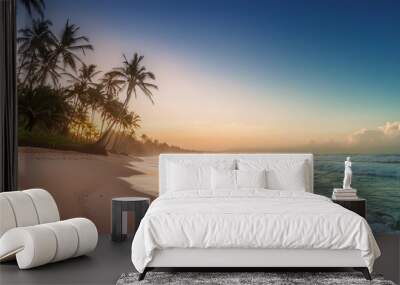 Beautiful sunset wtropical summer beach. panoramic tropical seascape horizon. white sand and blue sea waves, nature background, vacation in paradise concept for tourism, vivid colorful. Wall mural