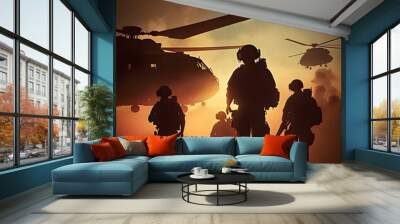 Military silhouettes on sunset sky background Wall mural