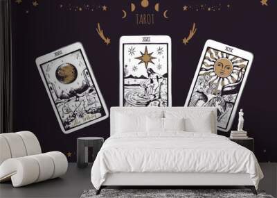 Magic Tarot deck vector background with major arcana: the moon, star, sun. Occult and fortune telling concept. Vector hand drawn vintage style Wall mural